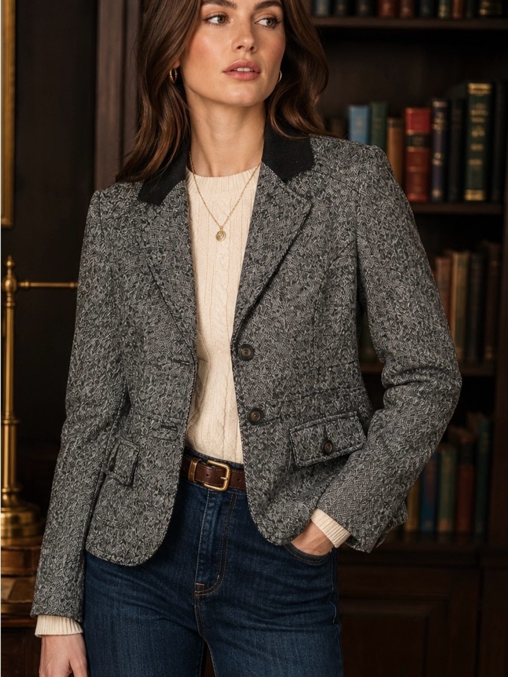 CAbi Fox Hunt Riding Jacket Wool Blend Herringbone Equestrian Blazer Size 8